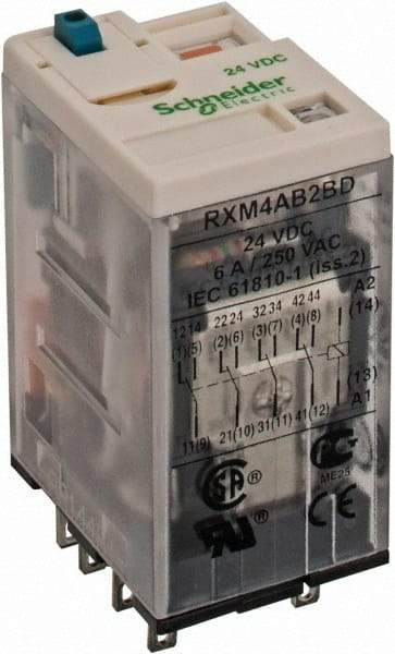 Square D - 14 Pins, Ice Cube Electromechanical Plug-in General Purpose Relay - 6 Amp at 277 VAC, 4PDT, 24 VDC, 21mm Wide x 40mm High x 27mm Deep - Apex Tool & Supply