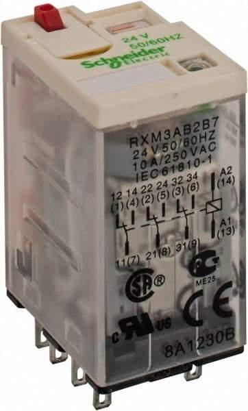 Square D - 11 Pins, 1.2 VA Power Rating, Ice Cube Electromechanical Plug-in General Purpose Relay - 10 Amp at 277 VAC, 3PDT, 24 VAC, 21mm Wide x 40mm High x 27mm Deep - Apex Tool & Supply