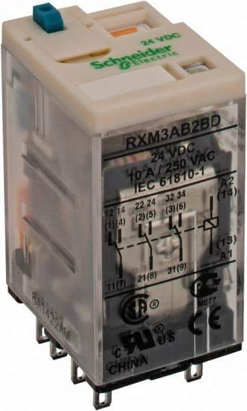 Square D - 11 Pins, Ice Cube Electromechanical Plug-in General Purpose Relay - 10 Amp at 277 V, 3PDT, 24 VDC, 21mm Wide x 40mm High x 27mm Deep - Apex Tool & Supply