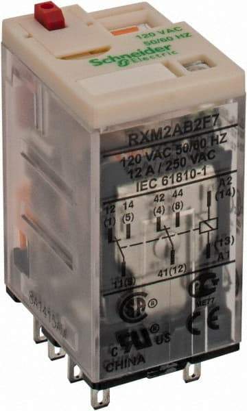 Square D - 8 Pins, 1.2 VA Power Rating, Ice Cube Electromechanical Plug-in General Purpose Relay - 12 Amp at 277 VAC, DPDT, 120 VAC, 21mm Wide x 40mm High x 27mm Deep - Apex Tool & Supply
