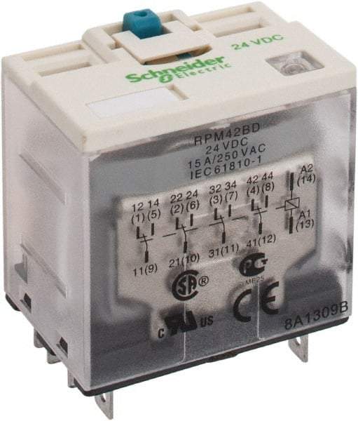 Square D - 14 Pins, Ice Cube Electromechanical Plug-in General Purpose Relay - 15 Amp at 277 V, 4PDT, 24 VDC, 41mm Wide x 39mm High x 27mm Deep - Apex Tool & Supply