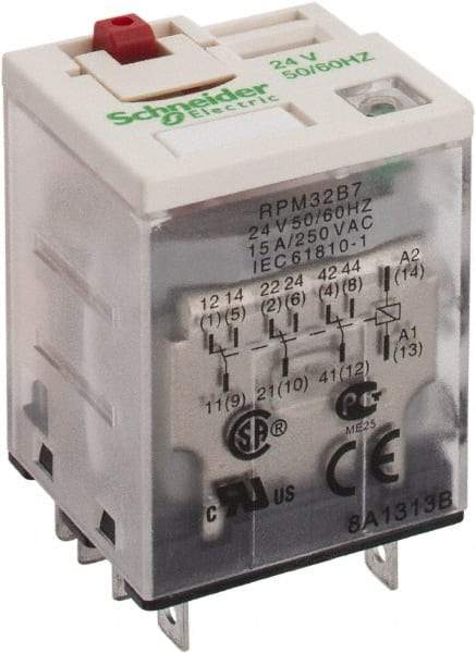 Square D - 11 Pins, 1.7 VA Power Rating, Ice Cube Electromechanical Plug-in General Purpose Relay - 15 Amp at 250 VAC, 3PDT, 24 VAC, 31mm Wide x 39mm High x 27mm Deep - Apex Tool & Supply