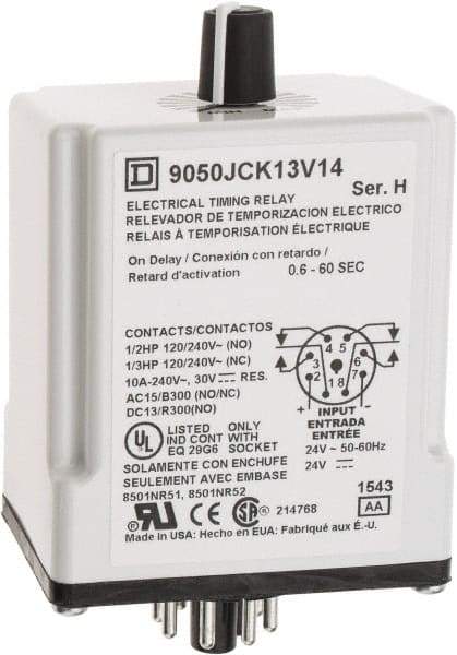 Square D - 8 Pin, 999 hr Delay, DPDT Time Delay Relay - 10 Contact Amp, 24 VAC/VDC - Apex Tool & Supply