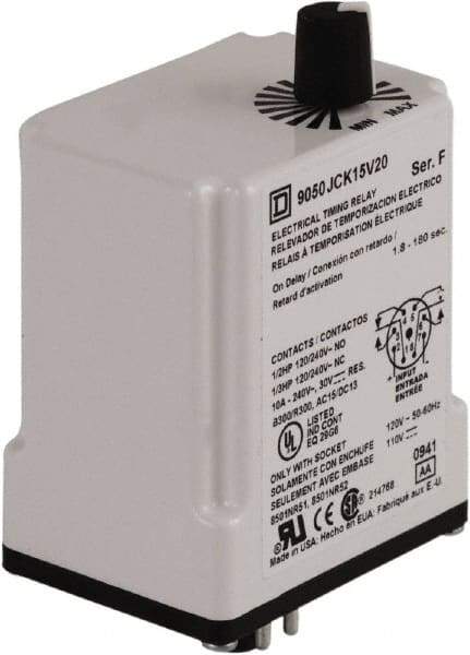 Square D - 8 Pin, 3 min Delay, DPDT Time Delay Relay - 10 Contact Amp, 110 VDC & 120 VAC - Apex Tool & Supply