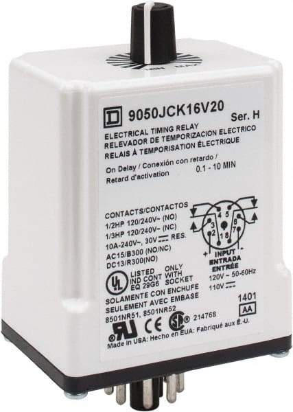 Square D - 8 Pin, 10 min Delay, DPDT Time Delay Relay - 10 Contact Amp, 110 VDC & 120 VAC - Apex Tool & Supply
