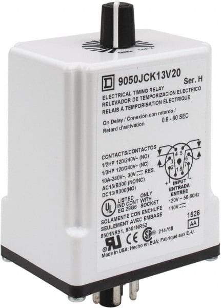 Square D - 8 Pin, 1 min Delay, Multiple Range DPDT Time Delay Relay - 10 Contact Amp, 110 VDC & 120 VAC - Apex Tool & Supply