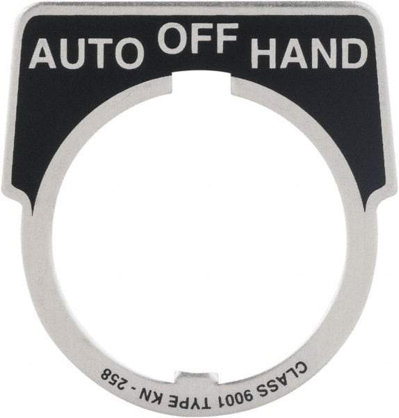 Square D - Metal Legend Plate - Auto-Off-Hand - Black Background, White Letters, 30mm Hole Diameter - Apex Tool & Supply
