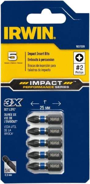 Irwin - #2, Insert Phillips Screwdriver Bit - 1/4" Drive, 1" OAL - Apex Tool & Supply