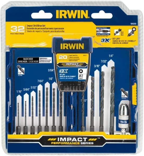 Irwin - 32 Piece, Phillips Handle, Drill & Drive Set - 1/16 to 1/4" Hex - Apex Tool & Supply