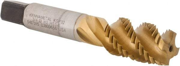 Kennametal - 3/4-10 4 Flute Modified Bottoming Spiral Flute Tap - Vanadium High Speed Steel, TiCN/TiN Finish, 4-1/4" OAL, Right Hand Flute, Right Hand Thread, H3, Series GOtap\xAE - Apex Tool & Supply