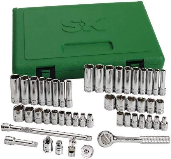 SK - 48 Piece 1/4" Drive Standard Deep Socket Set - 6 Points, 3/16 to 9/16", 4 to 15mm, Inch/Metric Measurement Standard - Apex Tool & Supply