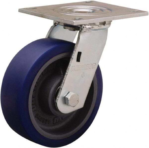Hamilton - 6" Diam x 2" Wide x 7-1/2" OAH Top Plate Mount Swivel Caster - Polyurethane Mold onto Cast Iron Center, 900 Lb Capacity, Sealed Precision Ball Bearing, 5 x 5-1/2" Plate - Apex Tool & Supply