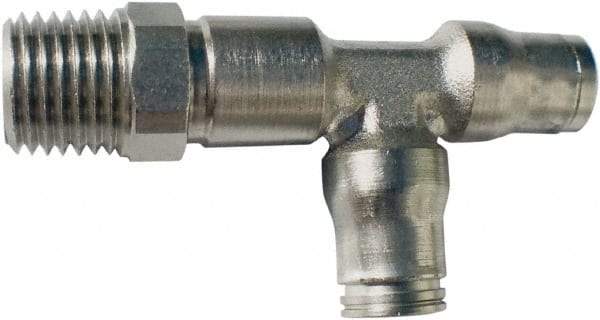 Legris - 5/32" Outside Diam, 1/4 NPT, Nickel Plated Brass Push-to-Connect Tube Male Run Tee - 435 Max psi, Tube to Male NPT Connection, FKM O-Ring - Apex Tool & Supply