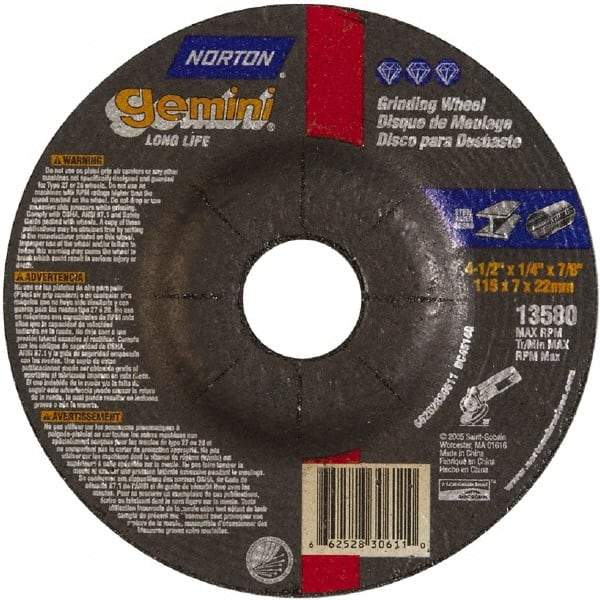 Norton - 4-1/2" Wheel Diam, 1/4" Wheel Thickness, 7/8" Arbor Hole, Type 27 Depressed Center Wheel - Aluminum Oxide - Apex Tool & Supply