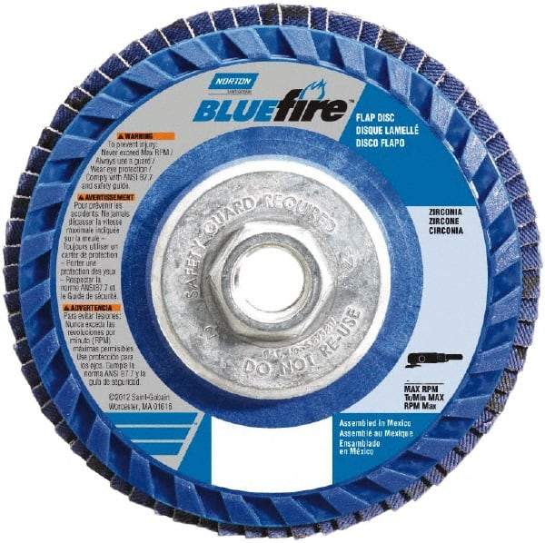 Norton - 36 Grit, 4-1/2" Disc Diam, 5/8-11 Center Hole, Type 27 Zirconia Alumina Flap Disc - 13,300 Max RPM, Plastic Backing, Arbor Attaching System, Coated - Apex Tool & Supply
