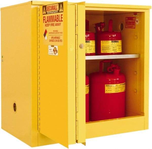 Securall Cabinets - 2 Door, 1 Shelf, Yellow Steel Standard Safety Cabinet for Flammable and Combustible Liquids - 35" High x 36" Wide x 24" Deep, Sliding Door, 3 Point Key Lock, 30 Gal Capacity - Apex Tool & Supply