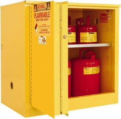Securall Cabinets - 2 Door, 1 Shelf, Yellow Steel Standard Safety Cabinet for Flammable and Combustible Liquids - 35" High x 36" Wide x 24" Deep, Sliding Door, 3 Point Key Lock, 30 Gal Capacity - Apex Tool & Supply