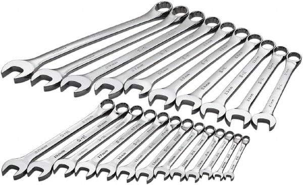SK - 23 Piece, 8mm to 32mm, 12 Point Combination Wrench Set - Metric Measurement Standard, Chrome Finish, Comes in Rack - Apex Tool & Supply