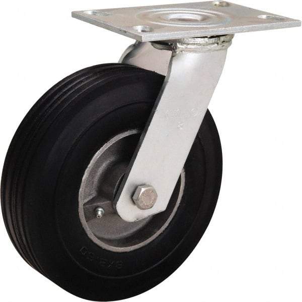 Hamilton - 8" Diam x 2" Wide, Rubber Swivel Caster - 500 Lb Capacity, Top Plate Mount, 4-1/2" x 6-1/4" Plate, Straight Roller Bearing - Apex Tool & Supply