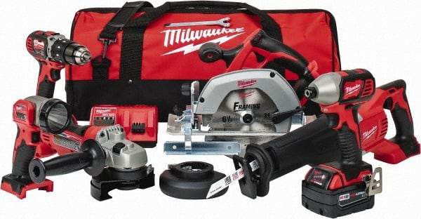 Milwaukee Tool - 18 Volt Cordless Tool Combination Kit - Includes 1/2" Hammer Drill Driver, 1/4" Impact Driver, 1-Hour Charger, Circular Saw, Contractor Bag, Cut-Off Grinder, Reciprocating Saw, Sawzall Blade & Work Light, Lithium-Ion Battery Included - Apex Tool & Supply