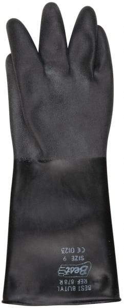 SHOWA - Size L (9), 14" Long, 25 mil Thick, Butyl Chemical Resistant Gloves - Textured Finish, Rolled Cuff, ANSI Abrasion Level 0, ANSI Cut Level 0, ANSI Puncture Level 0, Black - Apex Tool & Supply