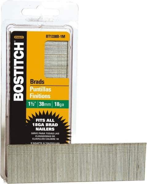 Stanley Bostitch - 18 Gauge 0.05" Shank Diam 1-1/2" Long Brad Nails for Power Nailers - Steel, Bright Finish, Ring Shank, Straight Stick Adhesive Collation, Brad Head, Chisel Point - Apex Tool & Supply