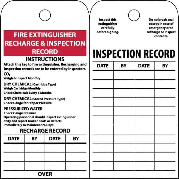 NMC - 3" High x 6" Long, FIRE EXTINGUISHER RECHARGE & INSPECTION RECORD, English Safety & Facility Inspection Tag - Tag Header: Notice, 2 Sides, White Poly - Apex Tool & Supply