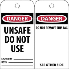 NMC - 3" High x 6" Long, DANGER \x96 UNSAFE DO NOT USE, English Safety & Facility Accident Prevention Tag - Tag Header: Danger, 2 Sides, White Poly - Apex Tool & Supply