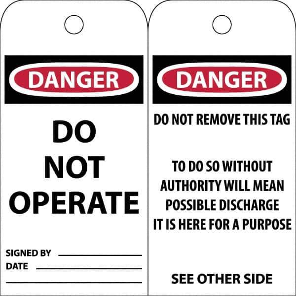 NMC - 3" High x 6" Long, DANGER \x96 DO NOT OPERATE, English Safety & Facility Accident Prevention Tag - Tag Header: Danger, 2 Sides, White Poly - Apex Tool & Supply