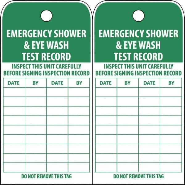 NMC - 3" High x 6" Long, EMERGENCY SHOWER & EYE WASH TEST RECORD, English Safety & Facility Accident Prevention Tag - Tag Header: Danger, 2 Sides, White Poly - Apex Tool & Supply