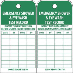 NMC - 3" High x 6" Long, EMERGENCY SHOWER & EYE WASH TEST RECORD, English Safety & Facility Accident Prevention Tag - Tag Header: Danger, 2 Sides, White Poly - Apex Tool & Supply