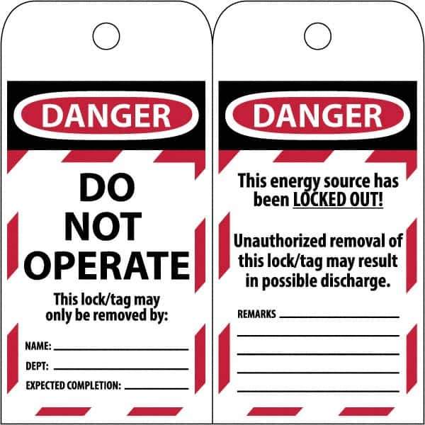 NMC - 3" High x 6" Long, DANGER \x96 DO NOT OPERATE, English Safety & Facility Lockout Tag - Tag Header: Danger, 2 Sides, Black & Red Poly - Apex Tool & Supply