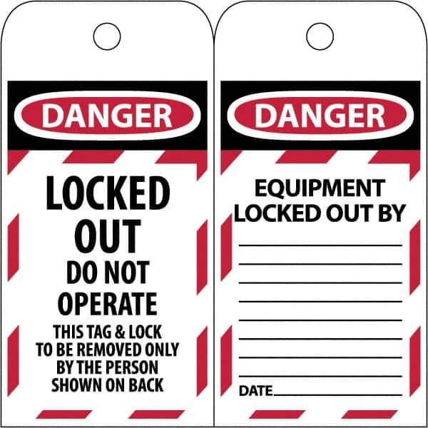 NMC - 3" High x 6" Long, LOCKED OUT - DO NOT OPERATE, English Safety & Facility Lockout Tag - Tag Header: Danger, 2 Sides, Black & Red Poly - Apex Tool & Supply
