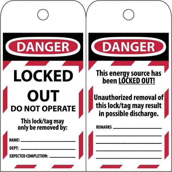 NMC - 3" High x 6" Long, LOCKED OUT - DO NOT OPERATE, English Safety & Facility Lockout Tag - Tag Header: Danger, 2 Sides, Black & Red Poly - Apex Tool & Supply