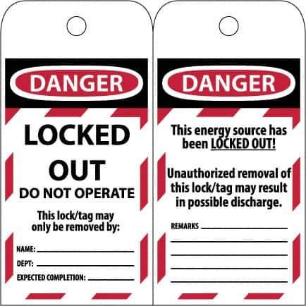 NMC - 3" High x 6" Long, LOCKED OUT - DO NOT OPERATE, English Safety & Facility Lockout Tag - Tag Header: Danger, 2 Sides, Black & Red Poly - Apex Tool & Supply
