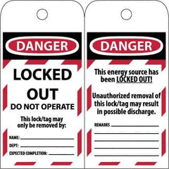 NMC - 3" High x 6" Long, LOCKED OUT - DO NOT OPERATE, English Safety & Facility Lockout Tag - Tag Header: Danger, 2 Sides, Black & Red Poly - Apex Tool & Supply