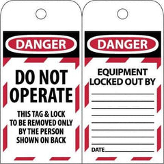 NMC - 3" High x 6" Long, DANGER - DO NOT OPERATE - EQUIPMENT LOCK-OUT - THIS TAG & LOCK TO BE REMOVED ONLY BY THE PERSON SHOWN ON BACK, English Safety & Facility Lockout Tag - Tag Header: Danger, 2 Sides, Black & Red Poly - Apex Tool & Supply