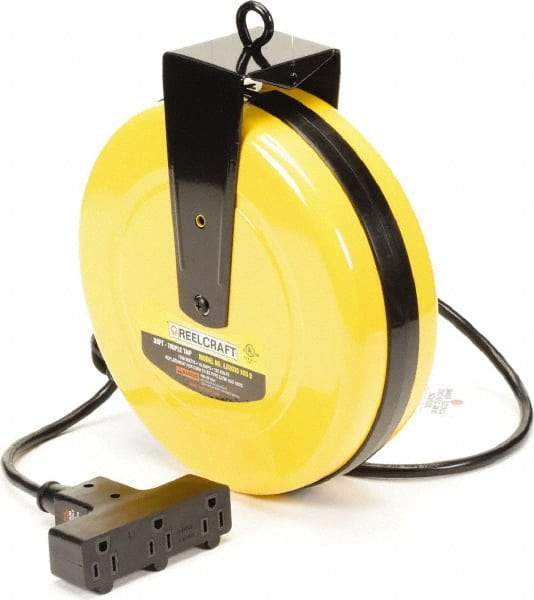 Reelcraft - 16 AWG, 30' Cable Length, Cord & Cable Reel with Outlet End - 3 Outlets, NEMA 5-15R, 10 Amps, 125 Volts, SJTW Cable, Yellow Reel, Spring Driven Reel - Apex Tool & Supply