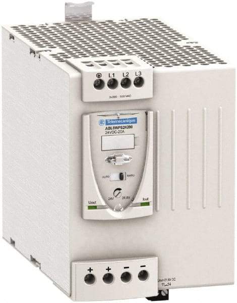 Schneider Electric - 480 Watt, 20 Amp, 380 to 500 VAC Input, 24 VDC Output, DIN Rail Power Supply - Screw Connection, 165mm Wide x 155mm Deep x 143mm High, 92-100% Efficiency, Green LED Output, Red LED Output - Apex Tool & Supply