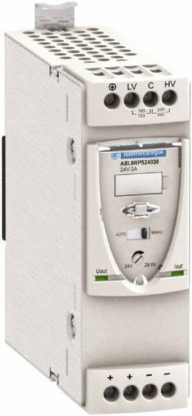 Schneider Electric - 72 Watt, 3 Amp, 100 to 120 VAC, 200 to 500 VAC Input, 24 VDC Output, DIN Rail Power Supply - Screw Connection, 165mm Wide x 155mm Deep x 143mm High, 87-100% Efficiency, Green LED Output, Red LED Output - Apex Tool & Supply