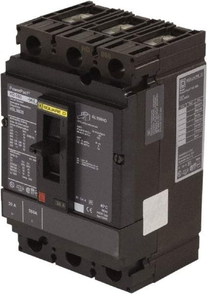 Square D - 20 Amp, 250 VDC, 600 VAC, 3 Pole, Panel Mount Molded Case Circuit Breaker - Thermal Magnetic Trip, 14-3/0 AWG, 87.4mm Deep x 162.6mm High x 104.7mm Wide - Apex Tool & Supply