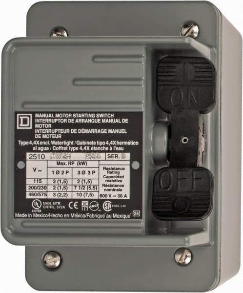 Square D - 3 Poles, 30 Amp, NEMA, Enclosed Toggle Manual Motor Starter - 1 hp at 90 VDC, 10 hp at 460 VAC, 10 hp at 575 VAC, 1-1/2 hp at 230 VDC, 2 hp at 115 VAC, 2 hp at 115 VDC & 7-1/2 hp at 230 VAC, CE, CSA, NEMA 4 & UL Listed - Apex Tool & Supply