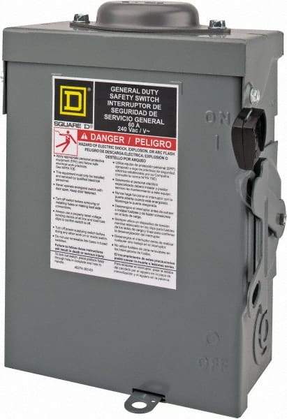 Square D - 60 Amp, 240 V, 3 Pole Nonfused Safety Switch - NEMA 3R, 10 hp at 240 VAC (Single Phase), 15 hp at 240 VAC (Triple Phase), 3PST Contact Form - Apex Tool & Supply