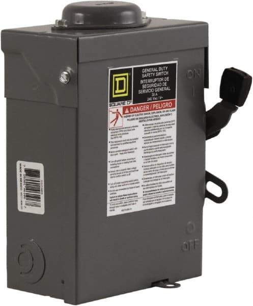 Square D - 30 Amp, 240 V, 3 Pole Fused Safety Switch - NEMA 3R, 3 hp at 240 VAC (Single Phase), 7.5 hp at 240 VAC (Triple Phase), 3PST Contact Form - Apex Tool & Supply
