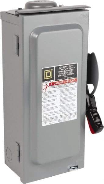 Square D - 60 Amp, 240 VAC, 250 VDC, 3 Pole Fused Safety Switch - NEMA 3R, 10 hp at 240 VAC, 10 hp at 250 VDC (Single Phase), 15 hp at 240 VAC, 10 hp at 250 VDC (Triple Phase), 3PST Contact Form - Apex Tool & Supply