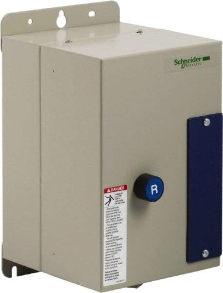 Schneider Electric - 9 Amp, 120 Coil VAC, Nonreversible Enclosed IEC Motor Starter - 1 Phase Hp: 0.3 at 120 VAC, 1 at 240 VAC, 3 Phase Hp: 2 at 208 VAC, 2 at 230 VAC, 5 at 460 VAC, 7.5 at 575 VAC - Apex Tool & Supply