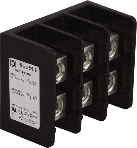 Square D - 3 Poles, 250 (Aluminium), 310 (Copper) Amp, Phenolic Power Distribution Block - 600 VAC, 1 Primary Connection - Apex Tool & Supply