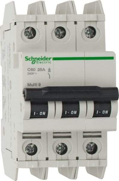 Schneider Electric - 25 Amp, 125 VDC, 240 VAC, 60 VDC, 3 Pole, DIN Rail Mount, Fixed Mount Miniature Circuit Breaker - Thermal Magnetic Trip, Multiple Breaking Capacity Ratings, 73mm Deep x 107mm High x 54mm Wide - Apex Tool & Supply