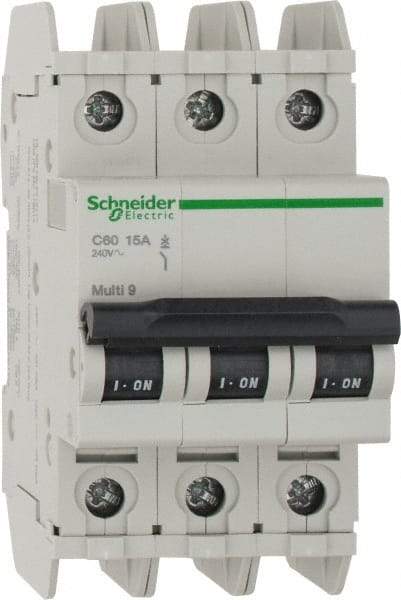 Schneider Electric - 15 Amp, 125 VDC, 240 VAC, 60 VDC, 3 Pole, DIN Rail Mount, Fixed Mount Miniature Circuit Breaker - Thermal Magnetic Trip, Multiple Breaking Capacity Ratings, 73mm Deep x 107mm High x 54mm Wide - Apex Tool & Supply