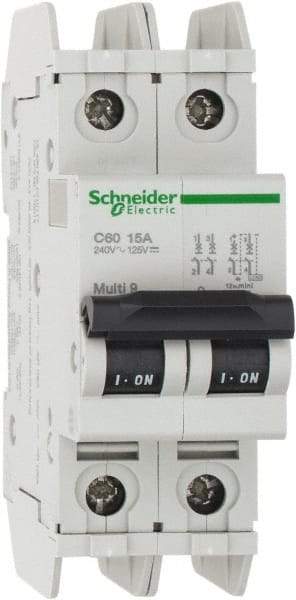 Schneider Electric - 15 Amp, 125 VDC, 240 VAC, 60 VDC, 1 Pole, DIN Rail Mount, Fixed Mount Miniature Circuit Breaker - Thermal Magnetic Trip, Multiple Breaking Capacity Ratings, 73mm Deep x 107mm High x 36mm Wide - Apex Tool & Supply